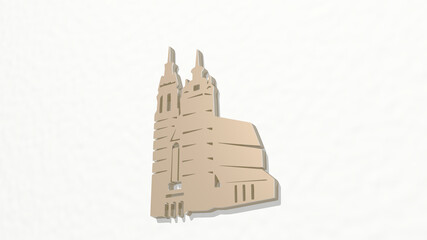 castle made by 3D illustration of a shiny metallic sculpture on a wall with light background. architecture and building