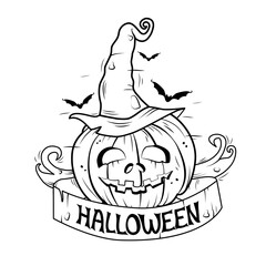 Halloween black and white illustration . Vector. Banner, coloring book.