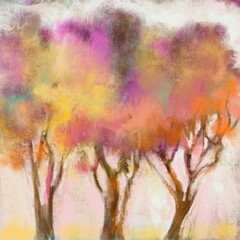 Hand painted Abstract impressionist blooming trees painting with multicolored flowers and leaves for decorative background, design and posters, painted with watercolor guache effect, one of a kind.