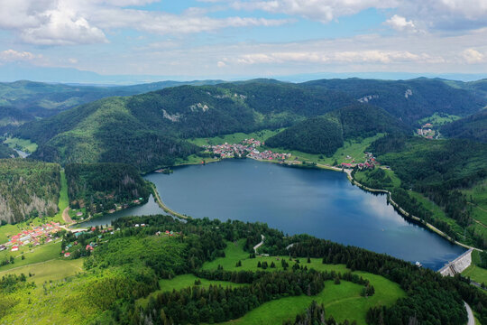 Aerial view of the Palcmanska masa water reservoir in the village of Dedinky