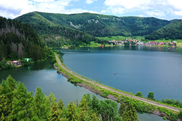 Aerial view of the Palcmanska masa water reservoir in the village of Dedinky