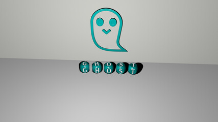 3D graphical image of ghost vertically along with text built by metallic cubic letters from the top perspective, excellent for the concept presentation and slideshows. halloween and illustration