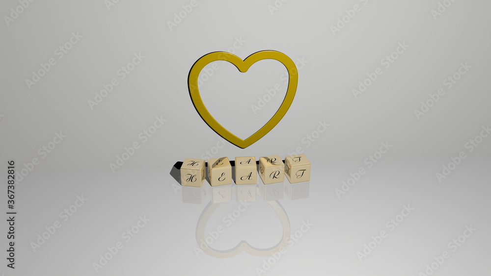 Poster 3d representation of heart with icon on the wall and text arranged by metallic cubic letters on a mi