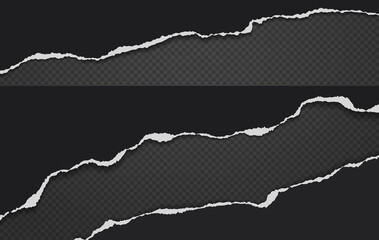 Torn, ripped pieces of black paper with soft shadow are on squared background for text. Vector illustration