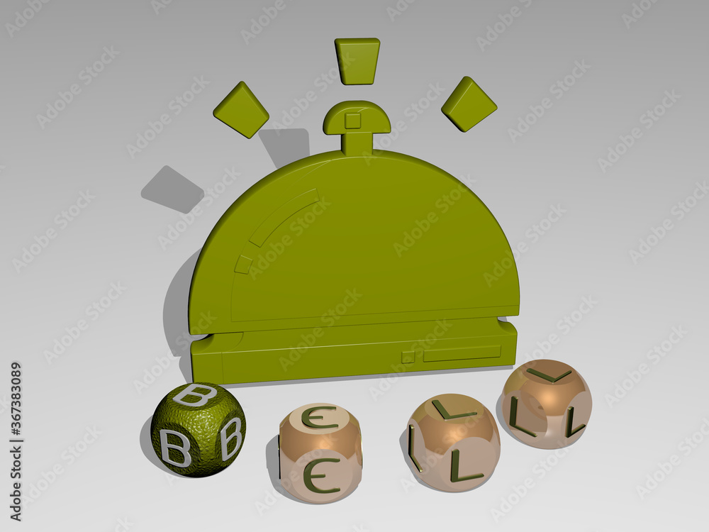 Poster 3d representation of bell with icon on the wall and text arranged by metallic cubic letters on a mir