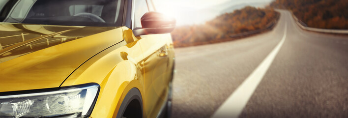 Road trip. Car driving on asphalt highway, banner design
