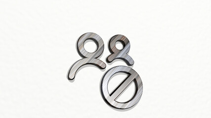 MULTIPLE ACTIONS BLOCK on the wall. 3D illustration of metallic sculpture over a white background with mild texture. abstract and blue