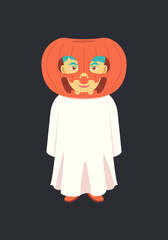 a halloween boy in a pumpkin man costume 