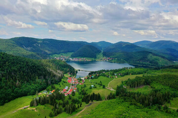 Fototapeta na wymiar Aerial view of the Palcmanska masa water reservoir in the village of Dedinky