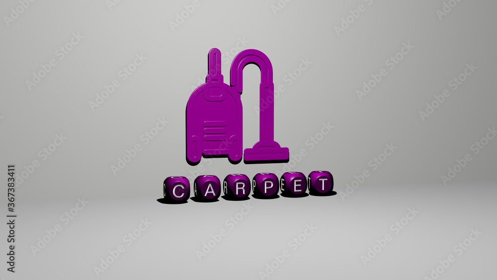 Poster 3d graphical image of carpet vertically along with text built by metallic cubic letters from the top