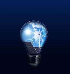 Alternative energy source. Light bulb with solar panels and wind turbines on blue background