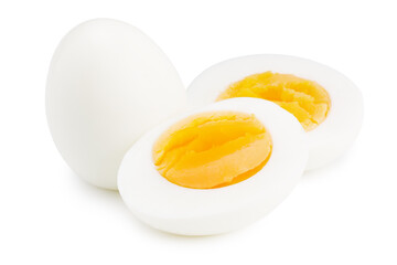 Single whole boiled egg with halved egg isolated on a white background