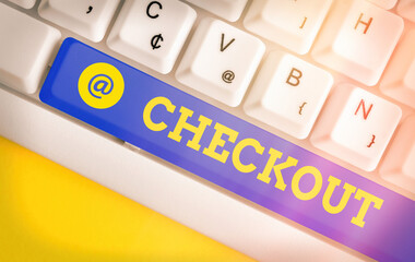 Writing note showing Checkout. Business concept for the act of examining and testing something for...