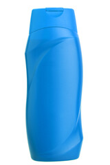 Blue plastic bottle for shampoo of washing body, hygiene gel and health care of hair, label package isolated on a white background nobody.