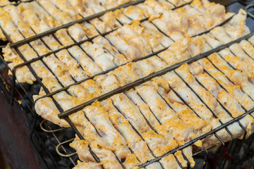 Chicken shish kebab on the grill is prepared on the grill