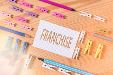 Conceptual hand writing showing Franchise. Concept meaning right or license granted to an...