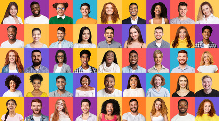 Set Of Mixed Race People Portraits Smiling On Different Backgrounds