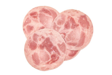 Boiled ham sausage slices, isolated on white background