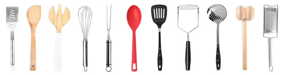 Set with different cooking utensils on white background, banner design