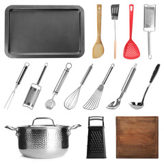 Set with different cooking utensils on white background