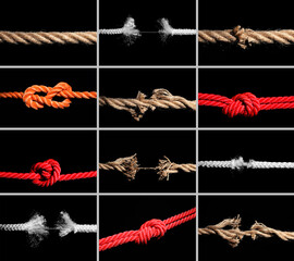 Set of different ropes on black background