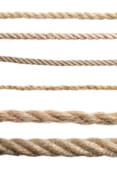 Set of hemp ropes on white background