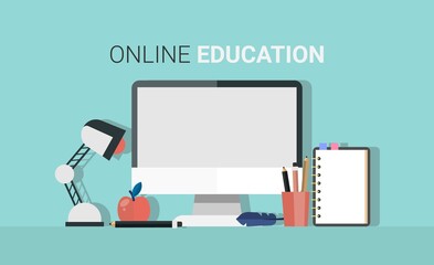 Online Education Illustration, Computer On Student's Desk Over Blue Background