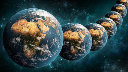 Alignment or array of many Earth planet in outer space scenery 3D rendering illustration. Multiverse or parallel universes concept. Earth textures provided by NASA. - obrazy, fototapety, plakaty