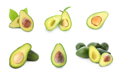 Set of cut and whole avocados on white background