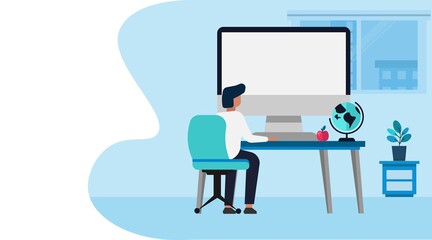 Guy At Computer Learning Online Sitting Indoor, Blue Background, Illustration
