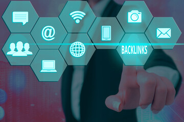 Text sign showing Backlinks. Business photo showcasing links from one website to a page on another...