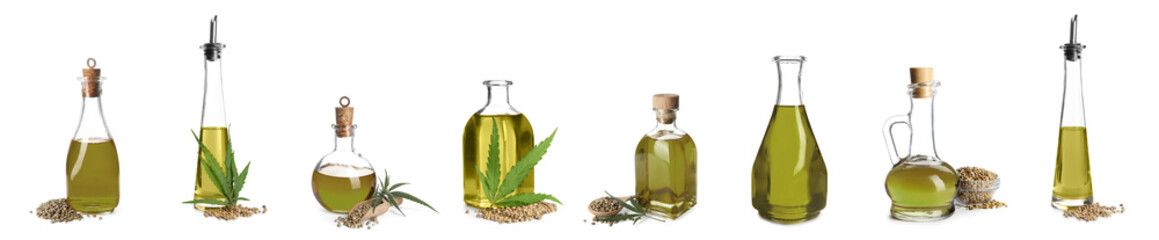 Collage with hemp oil on white background, banner design