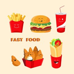 Collection of vector fast food icons in red packaging