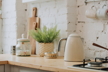 Vintage style white kitchen with kettle