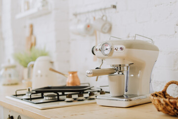 Vintage style white kitchen with coffee machine