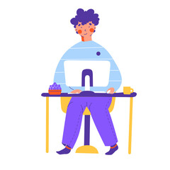 Fototapeta premium Work from home with smartphone app, flat vector cartoon style. Business concept.