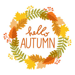 Hello Autumn. Round frame. Wreath of autumn leaves. Leaf fall. Design elements. Vector illustration