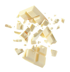 Chocolate explosion, pieces shattering on white background