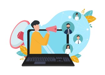 Communication Illustration, Computer User Communicating Through Laptop On White Background