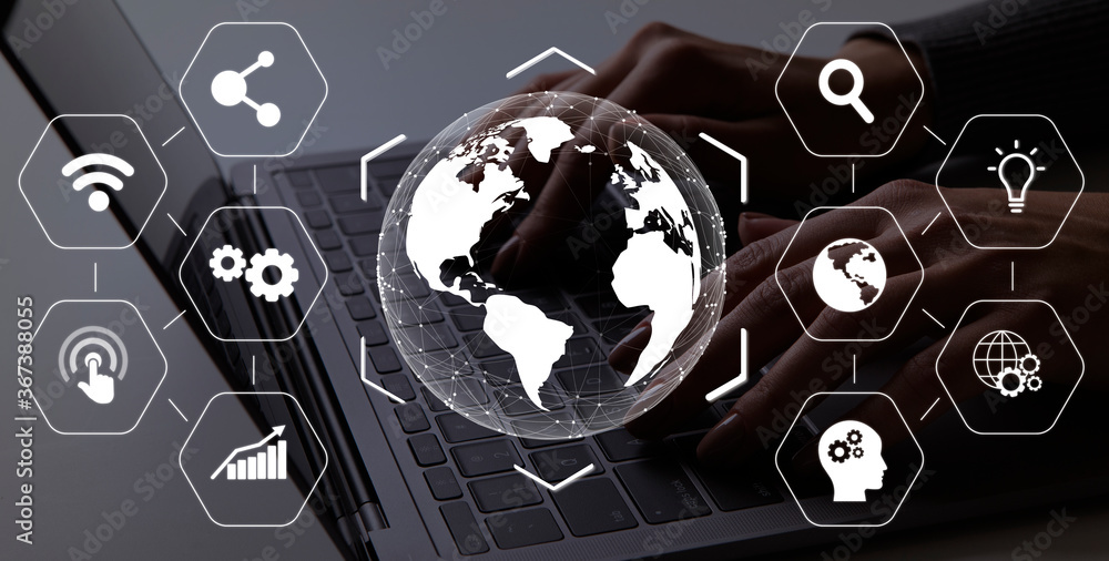 Aufkleber global business technologies. world globe and different digital icons over office work background