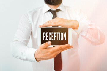 Writing note showing Reception. Business concept for social gathering often for the purpose of...