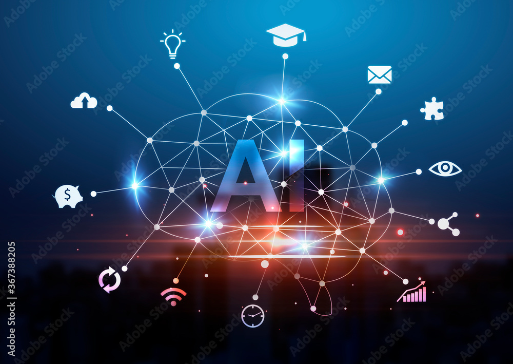 Poster creative collage for artificial intelligence concept with polygonal brain and various icons