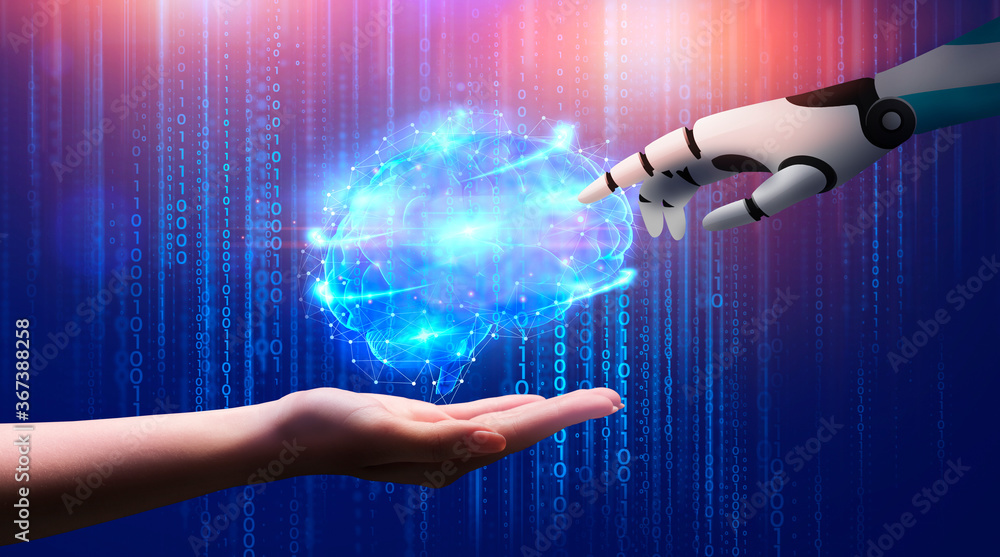 Poster creation of ai. human and robotic hand touching brain hologram with neuron connections