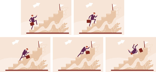 Stages of climbing the stairs. Manager's career. Color vector cartoon illustration.