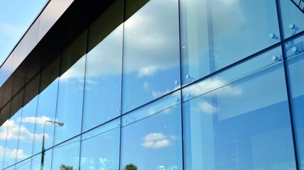 Facade texture of a glass mirrored office building. Fragment of the facade. Modern architecture of the office building.