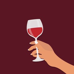 Female Hand Holding Glass Of Red Wine Over Burgundy Background