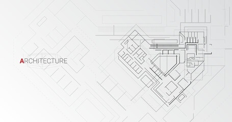 Abstract Detailed Building Scheme On Gray Background, Vector Illustration, Panorama