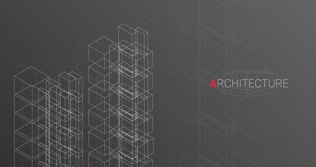 Abstract Architectural Drawing Of Modern Buildings, Dark Gray Background, Vector