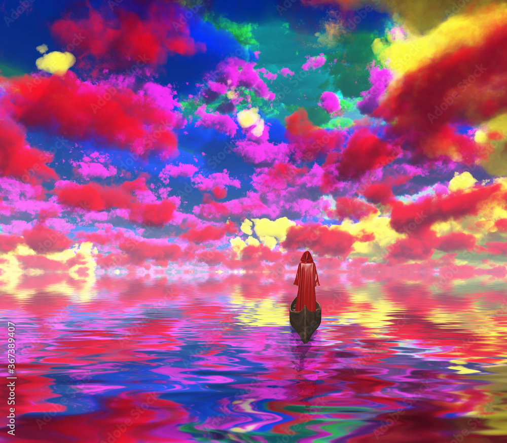 Poster figure in red cloak in a boat. vivid colorful clouds are reflected in water. 3d rendering
