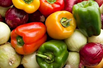 Close up view of red, green and yellow bell peppers with white and red onions